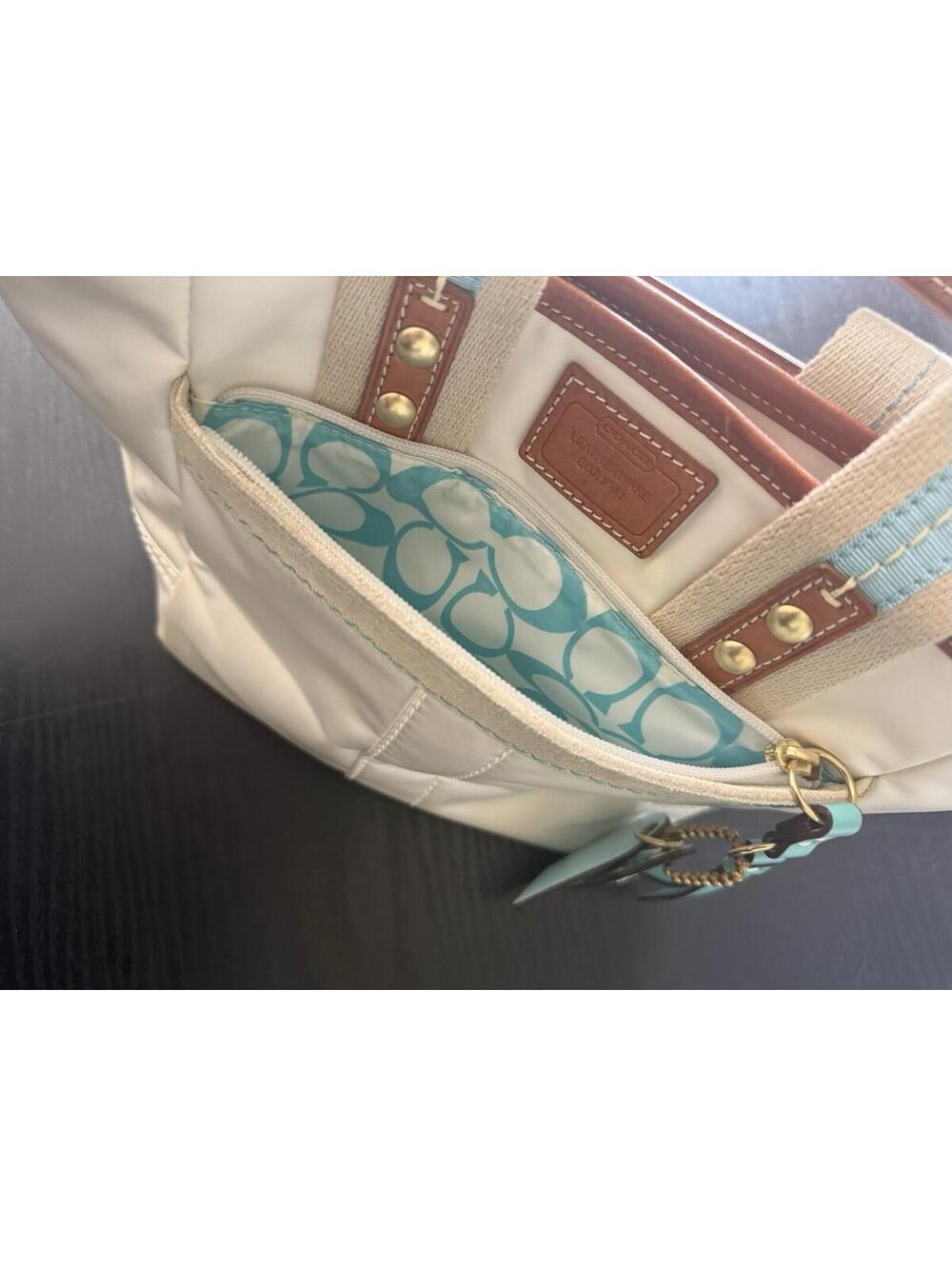 Vintage Coach Hamptons Satin Mini Tote – White with Turquoise/Aqua Accents Y2K - Picture 4 of 9